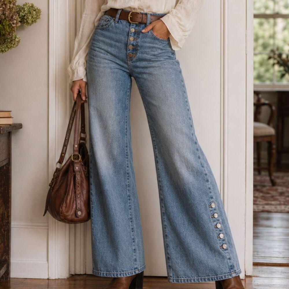 Y2K High Waist Acid Wash Side Button Split Hem Flare Wide Leg Retro Jeans Small